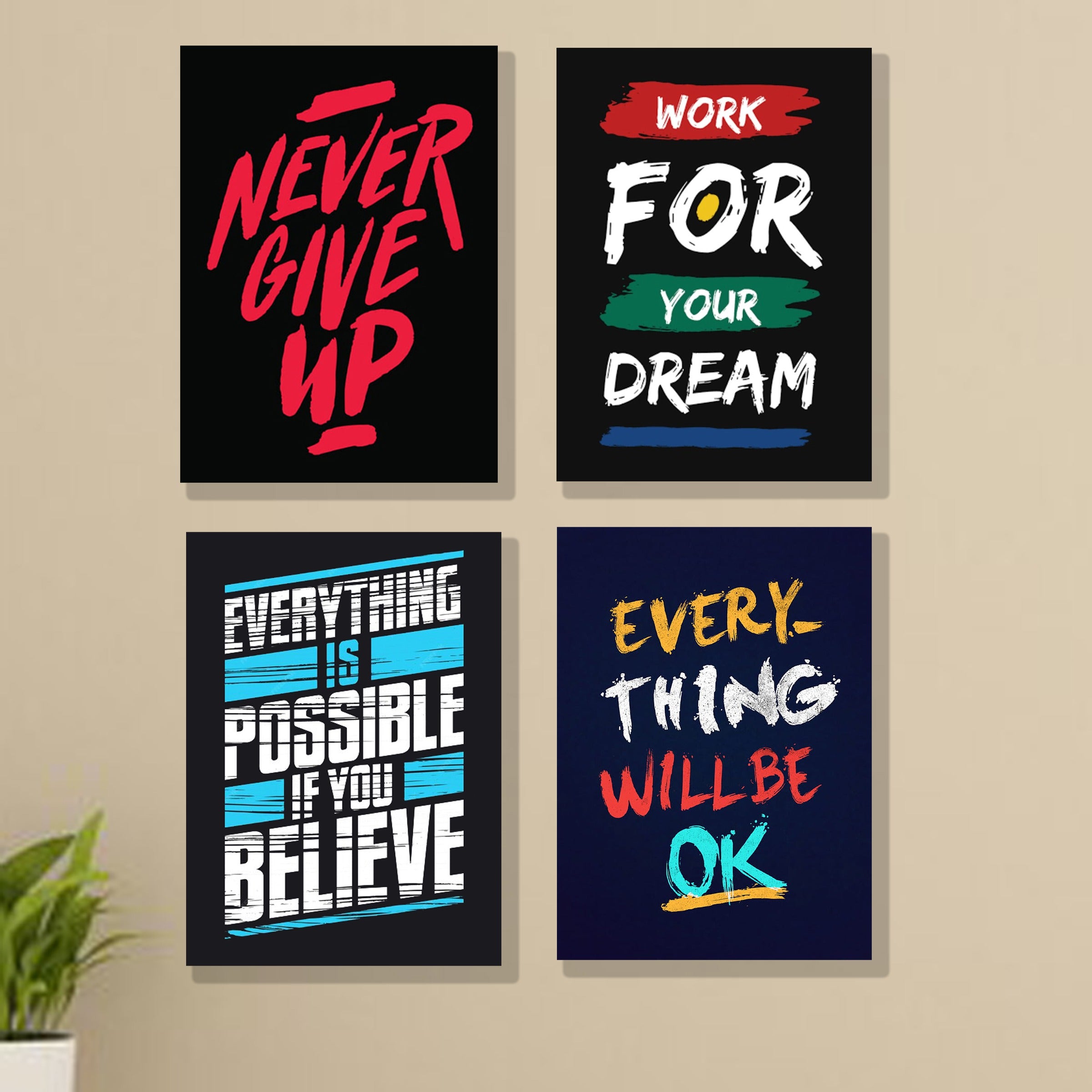 set of 4 Motivational sticky canvas frames for wall decore / sticky phototiles for office and home workplace