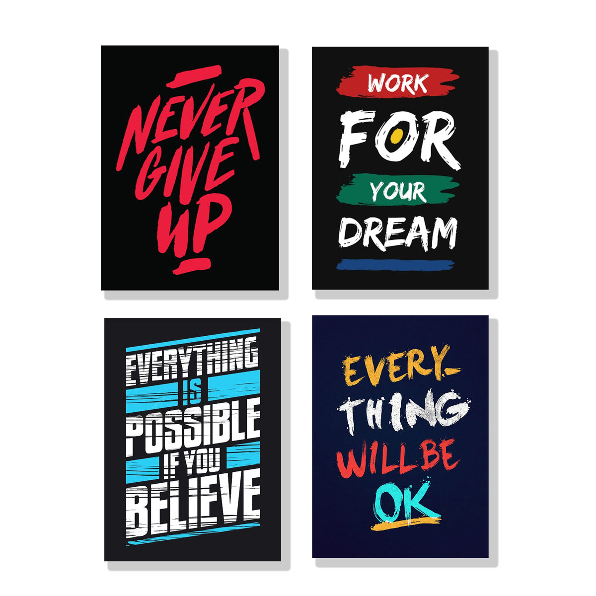 set of 4 Motivational sticky canvas frames for wall decore / sticky phototiles for office and home workplace