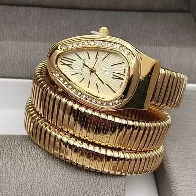 Triple‑Wrap Snake Watch | Diamond‑Set Bezel | Golden